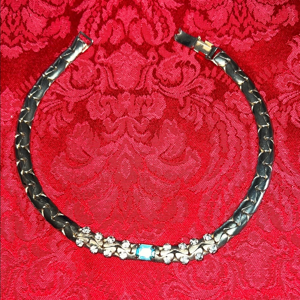 Vintage Mid-Century Blue & Clear Stone Statement Collar Necklace 14” Retro Choke